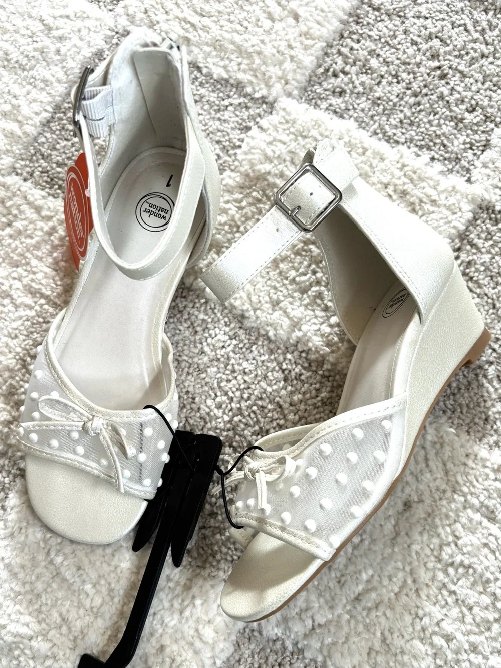 Wonder Nation Girls White Wedge Sandal Polka Dot Mesh Bow Ankle Strap size 1 NWT
